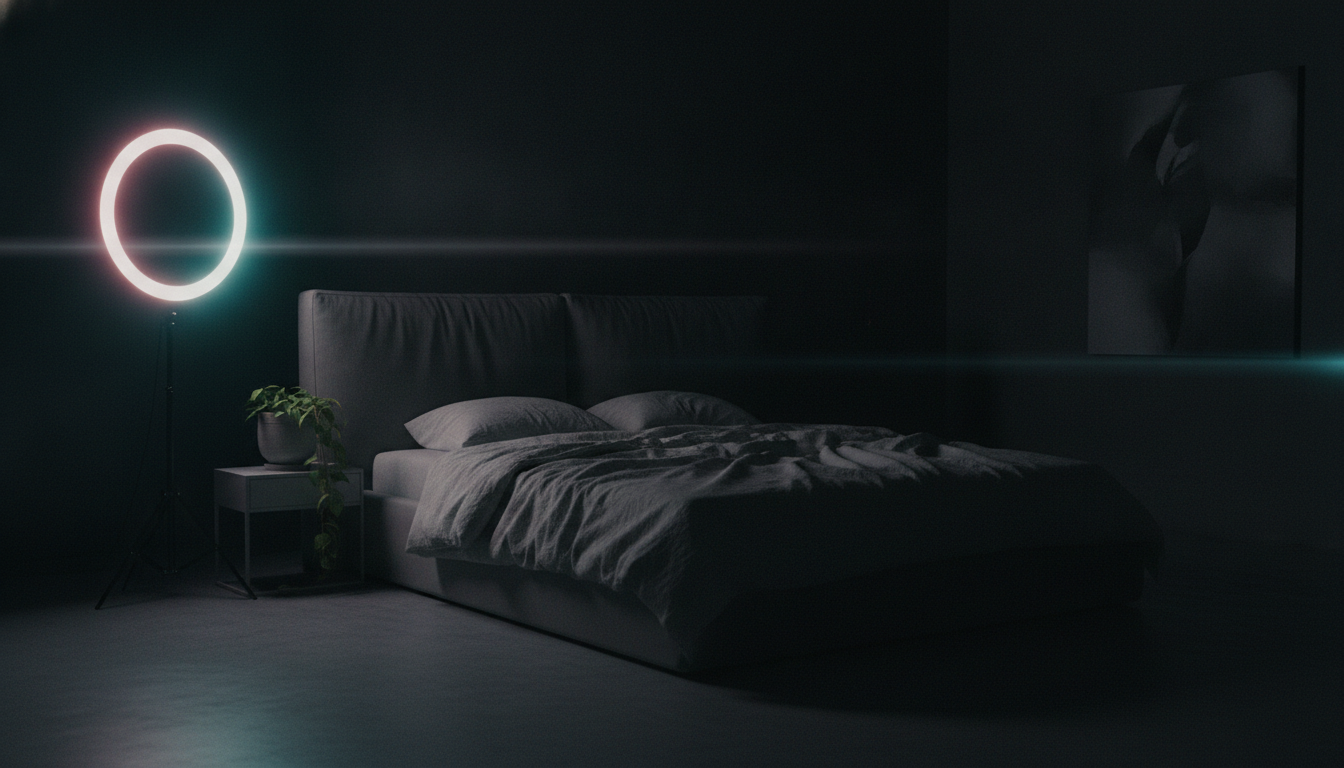 Empty studio bedroom lit by a ring light at night